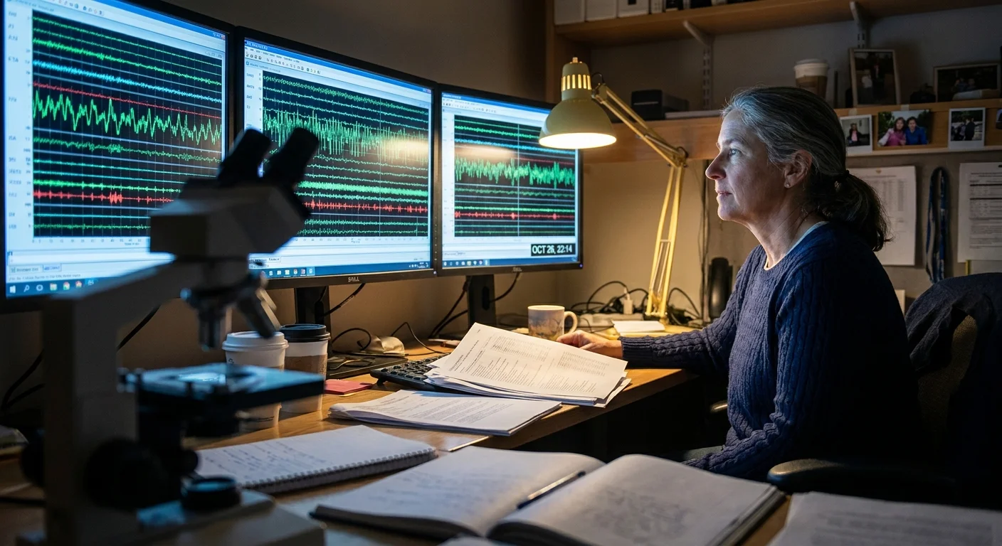A researcher in a lab setting looking at brain wave data on a screen, representing the expertise behind the sleep studies.