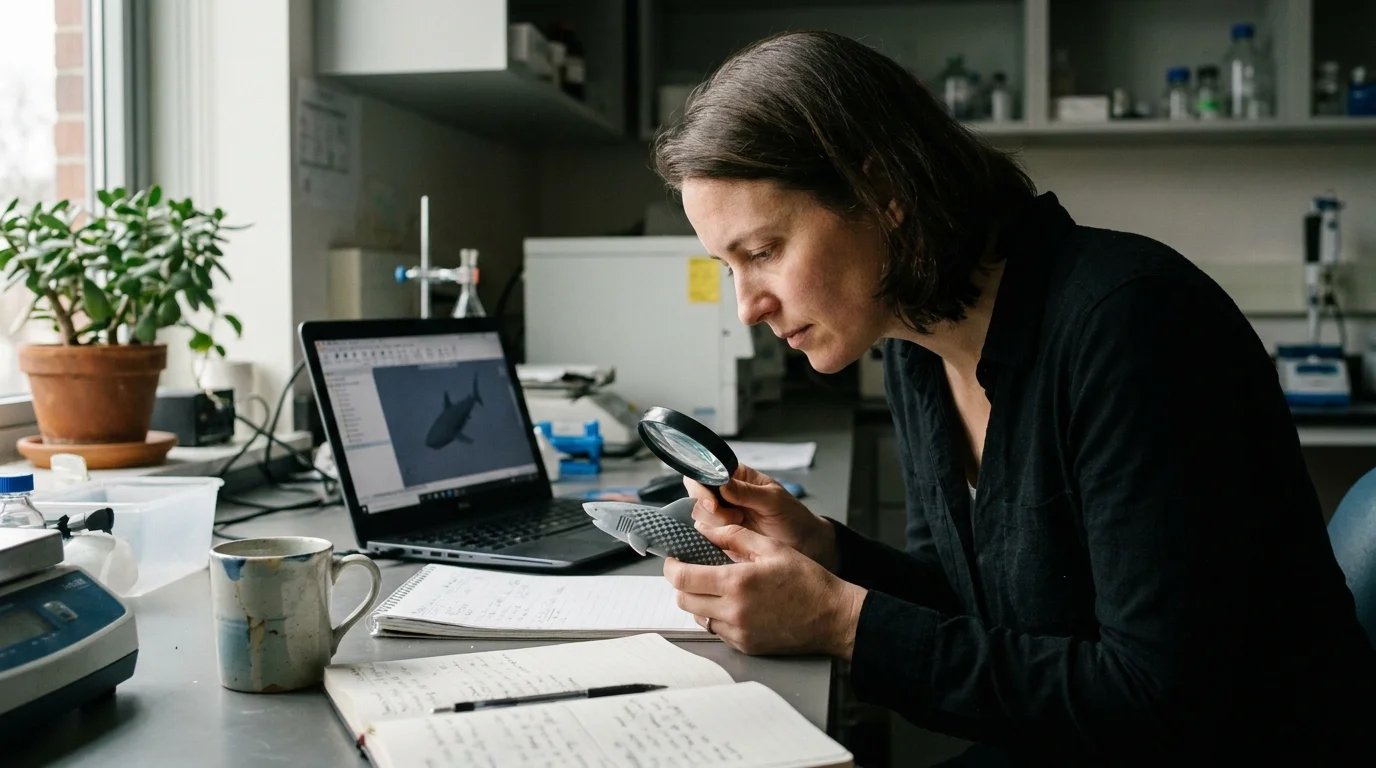 A researcher in a realistic laboratory examining a bio-inspired prototype under a magnifying glass.