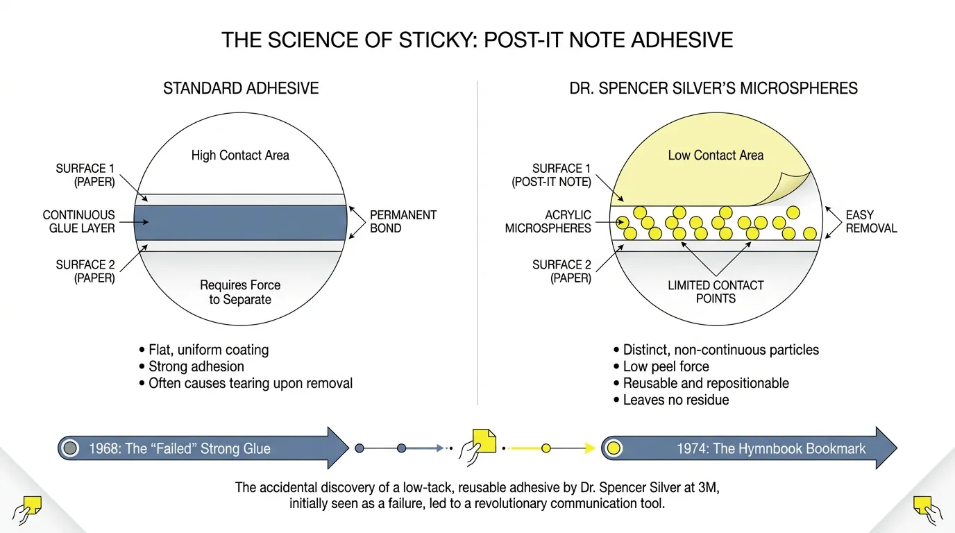 A scientific diagram comparing flat glue to microscopic spheres that allow paper to be peeled and restuck.