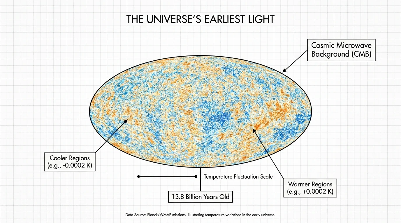 A scientific diagram of the Cosmic Microwave Background map with a label stating the universe is 13.8 billion years old.