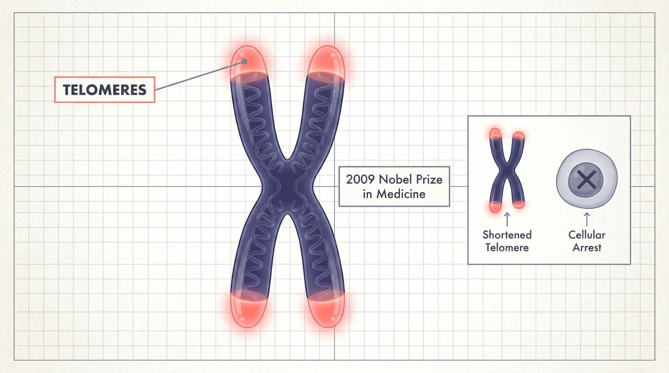 A scientific diagram showing a chromosome with highlighted telomere caps and a reference to the 2009 Nobel Prize.