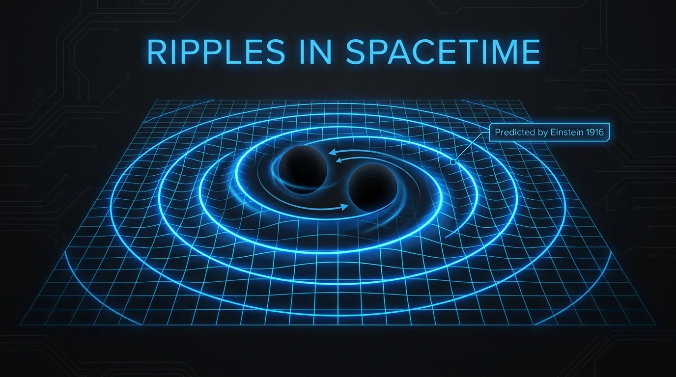 A scientific diagram showing two black holes creating ripples on a blue spacetime grid.