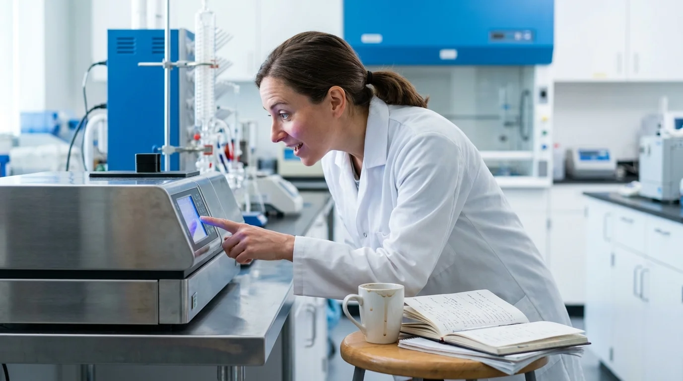A scientist in a lab coat looking at a computer screen with a curious and excited expression.