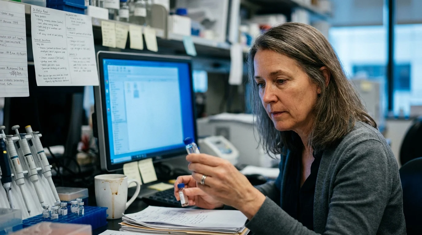 A scientist in a lab looking at research vials, lit by the glow of a computer screen.