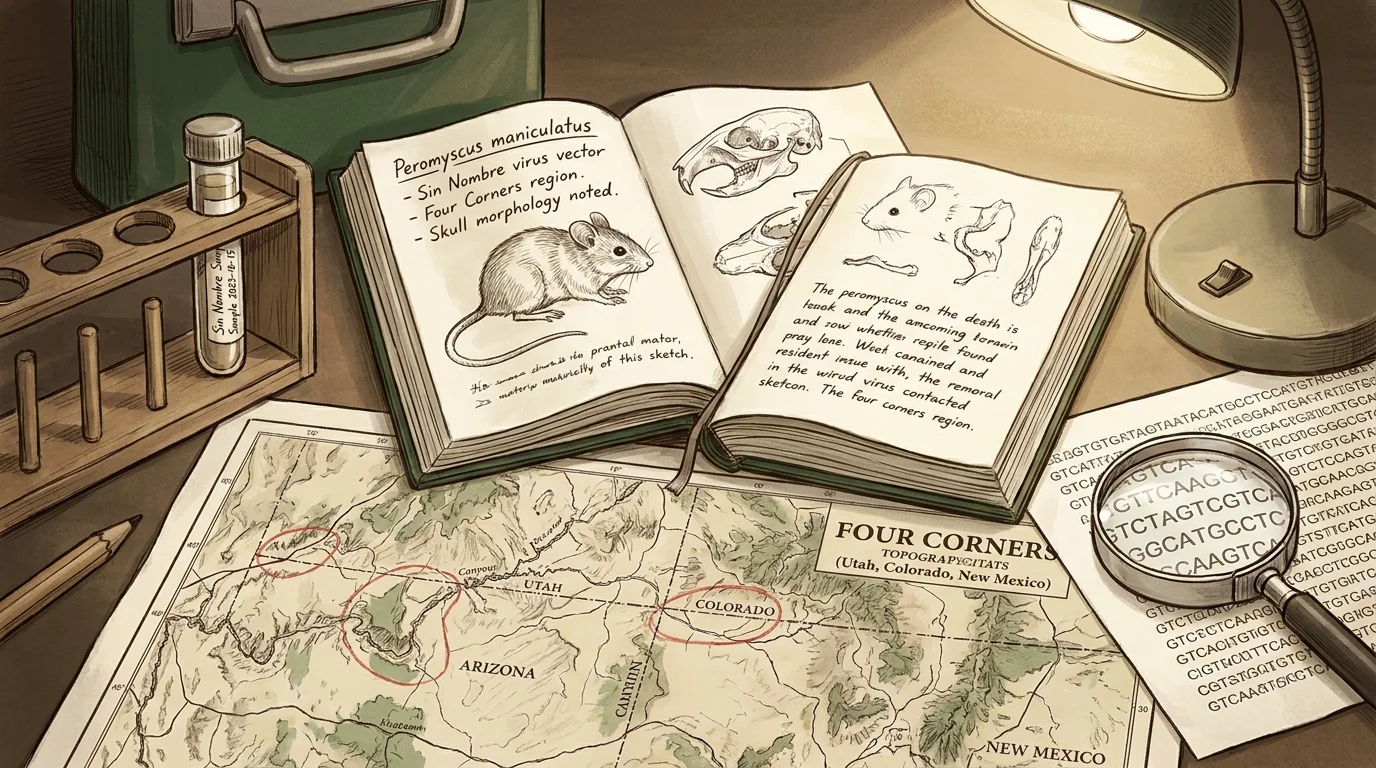 A scientist's field desk with a journal showing rodent sketches, a map of the Four Corners, and a sample vial labeled Sin Nombre.