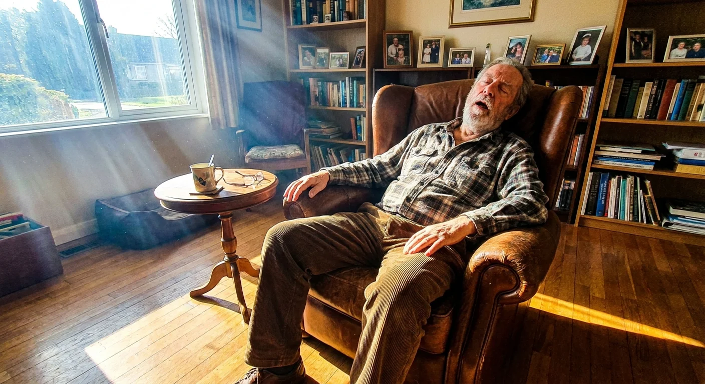 A senior man napping in a leather chair during a sunny morning, with a mug of tea on the side table.