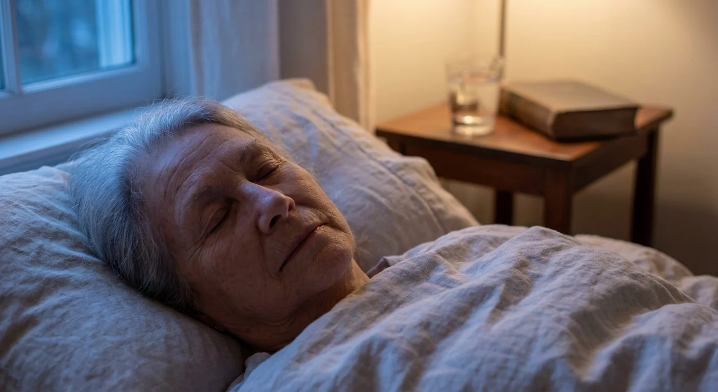 A senior woman sleeping peacefully in her bed with soft, cinematic lighting highlighting the textures of her skin and linen pillowcase.
