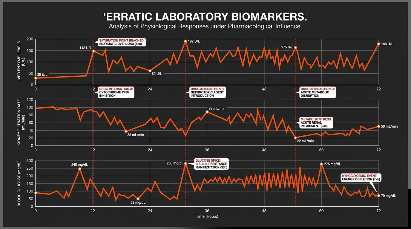A set of three jagged line graphs showing erratic changes in liver and kidney biomarkers over time.