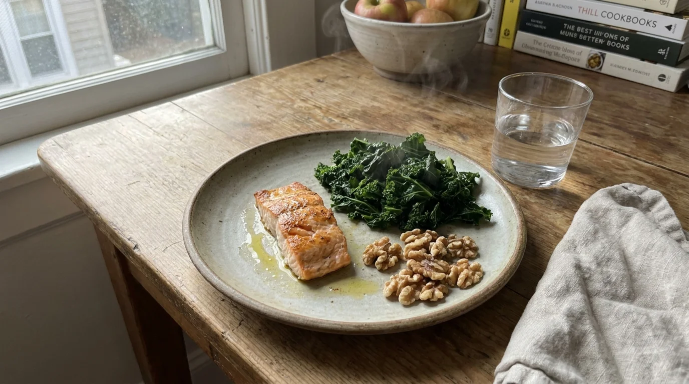 A simple, healthy meal of salmon and kale on a wooden table, photographed in a natural home setting.