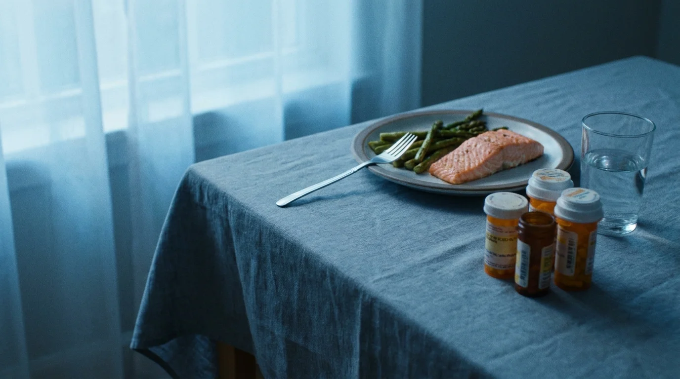 A somber, film-style photo of an untouched dinner plate next to several prescription pill bottles.