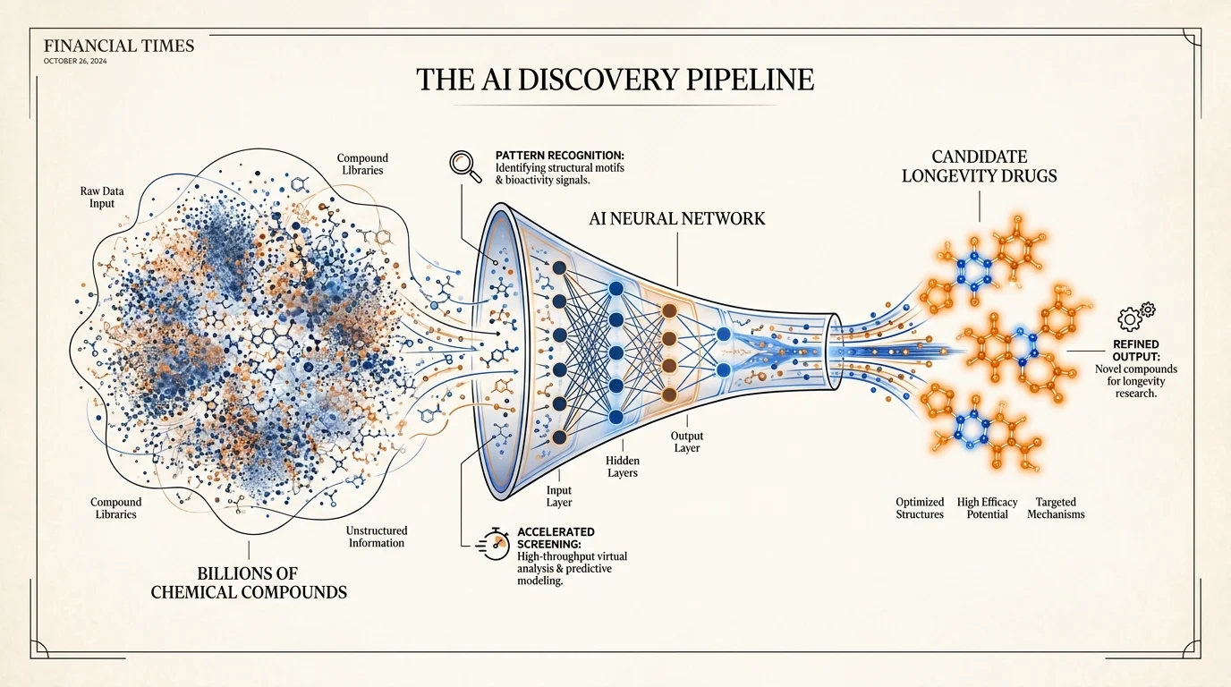 A sophisticated editorial diagram showing AI processing billions of chemical compounds to identify specific longevity drug candidates.