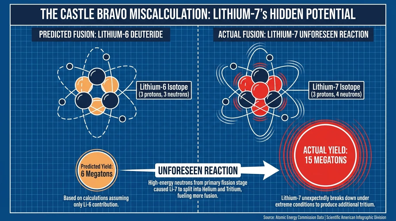 A technical diagram comparing the 6-megaton predicted yield of Lithium-6 to the 15-megaton actual yield of Lithium-7.