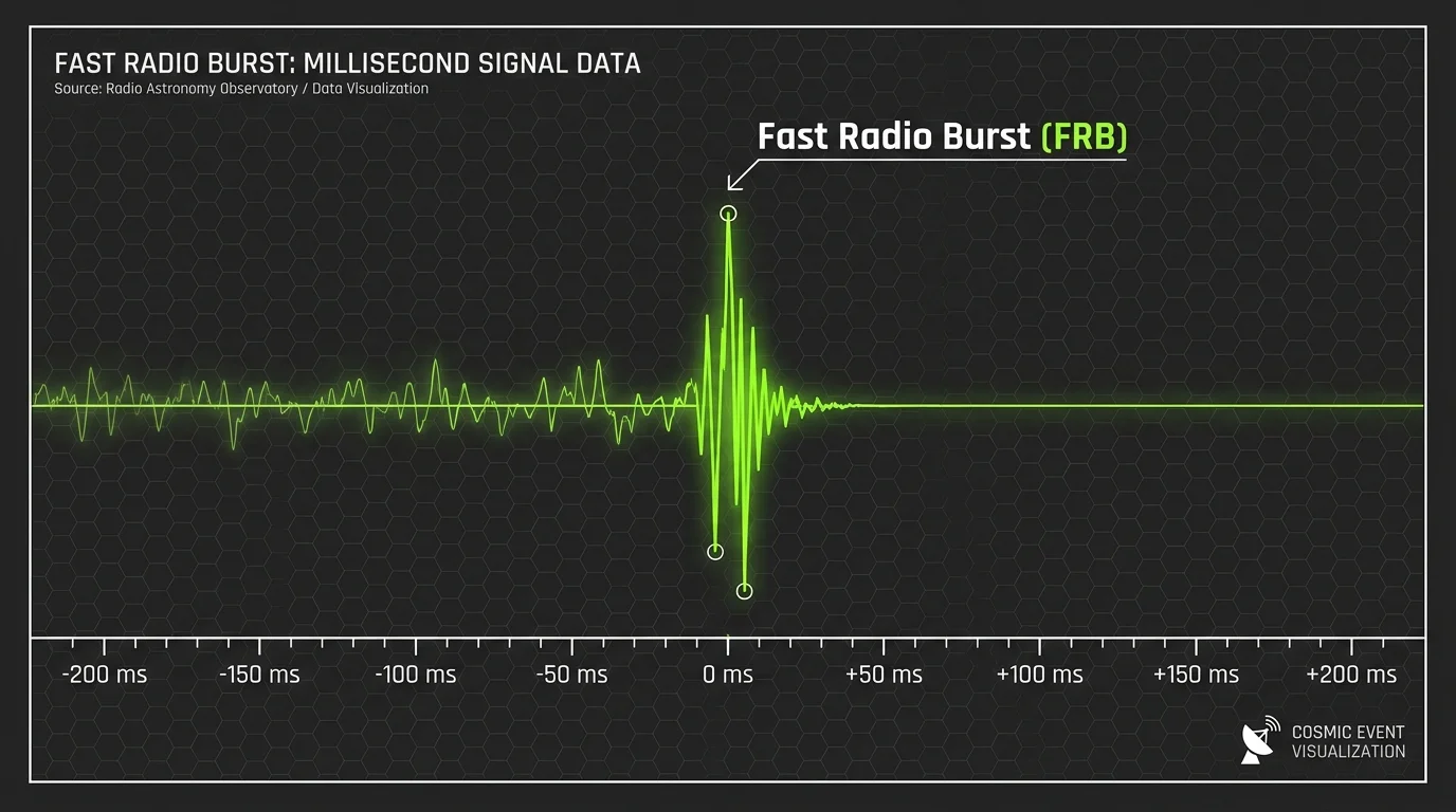 A technical diagram showing a sharp vertical spike on a radio frequency timeline, labeled Fast Radio Burst.
