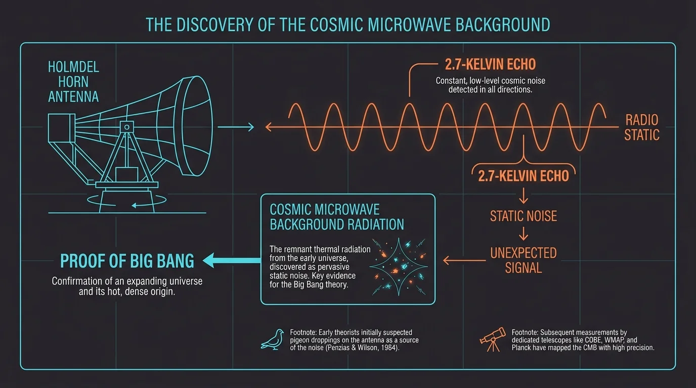 A technical diagram showing the Holmdel Horn Antenna receiving the 2.7-Kelvin cosmic microwave background signal.