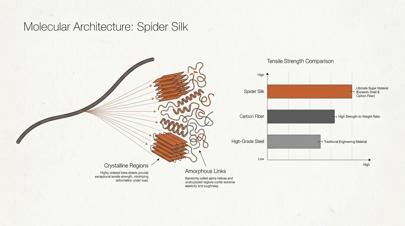 A technical diagram showing the internal protein structure of spider silk and its strength compared to steel.