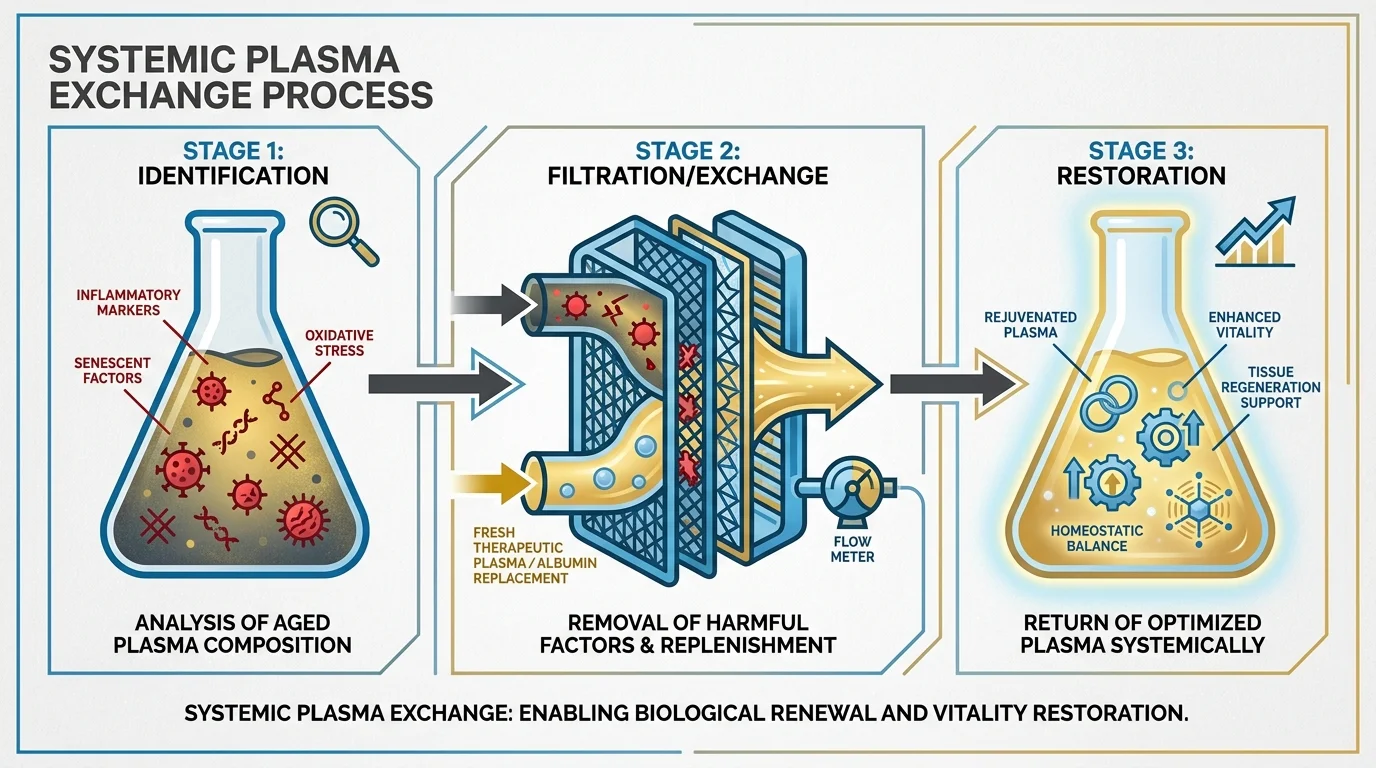 A three-stage process diagram illustrating the filtration of aged plasma and its replacement with rejuvenated factors.