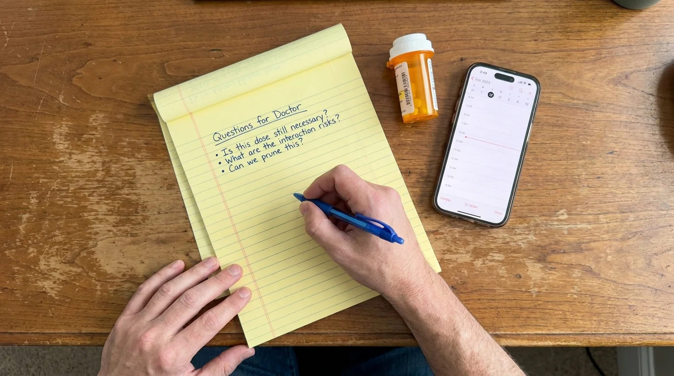 A top-down photo of a notepad with handwritten questions for a doctor, a pen, and a pill bottle on a wooden desk.