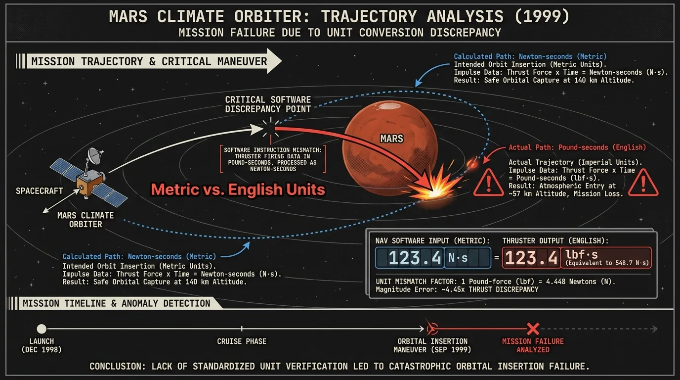 A trajectory diagram showing a spacecraft crashing into Mars due to a mix-up between Newton-seconds and Pound-seconds.
