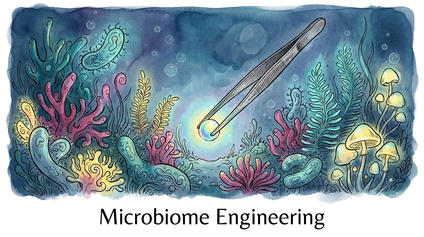 A vibrant watercolor illustration depicting gut bacteria as a diverse, colorful garden being carefully tended.