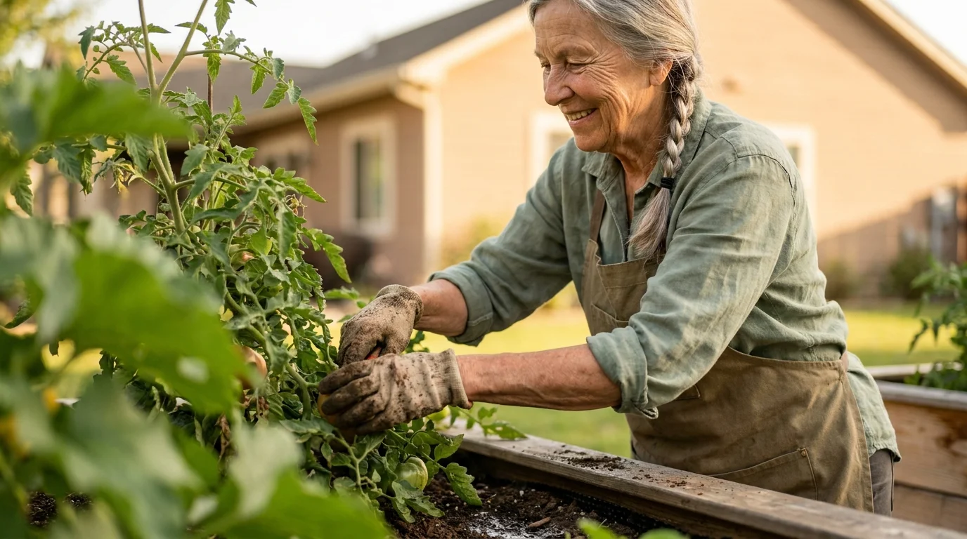 A vibrant woman in her 70s gardening in a sunlit backyard, symbolizing the vitality and active lifestyle promised by aging science.