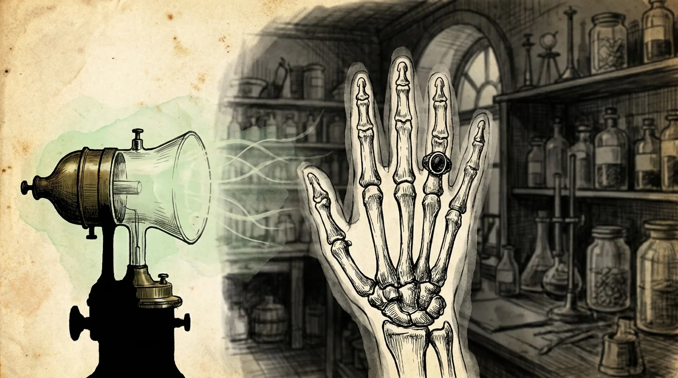 A Victorian-style ink sketch of the first X-ray, showing the bones of a hand and a wedding ring.