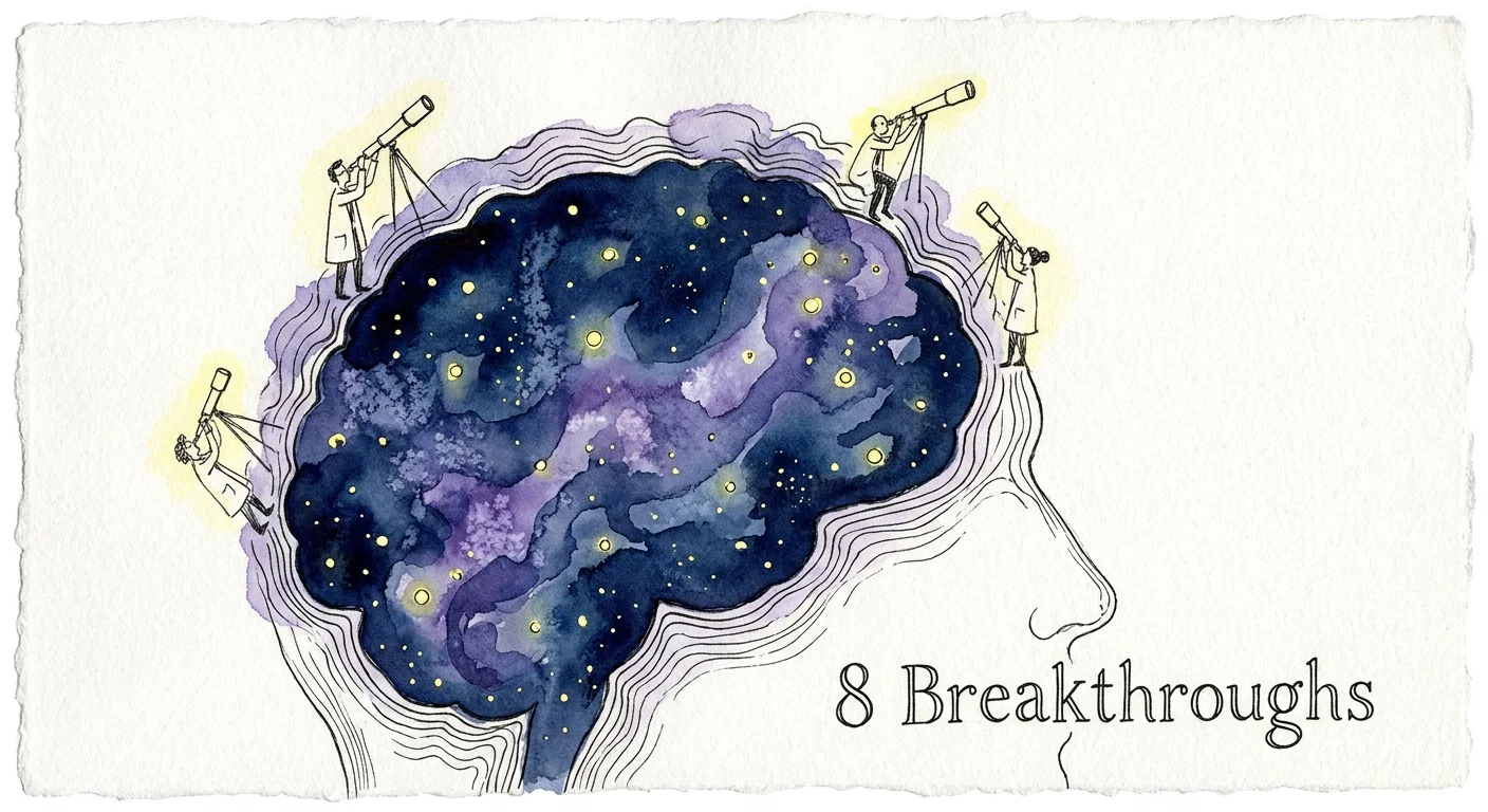 A watercolor illustration of a brain containing a galaxy, with scientists observing it through telescopes to symbolize discovery.