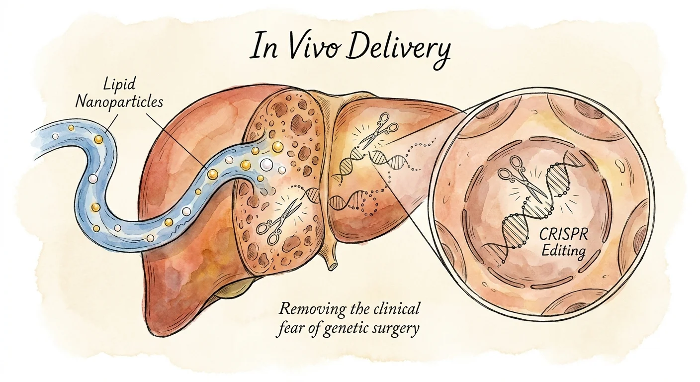 A watercolor illustration of a liver receiving lipid nanoparticles for genetic editing.