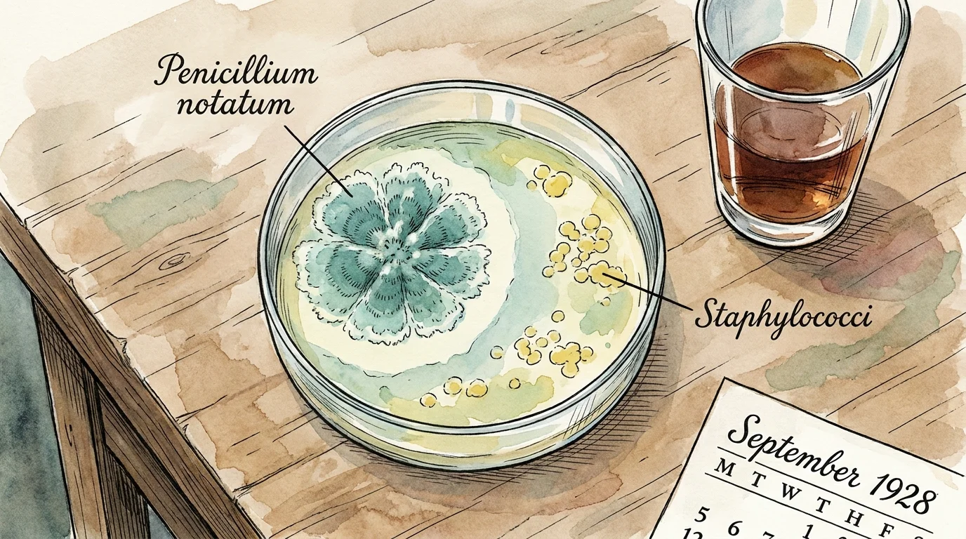 A watercolor illustration of a petri dish where blue mold is killing yellow bacteria, labeled Penicillium notatum.