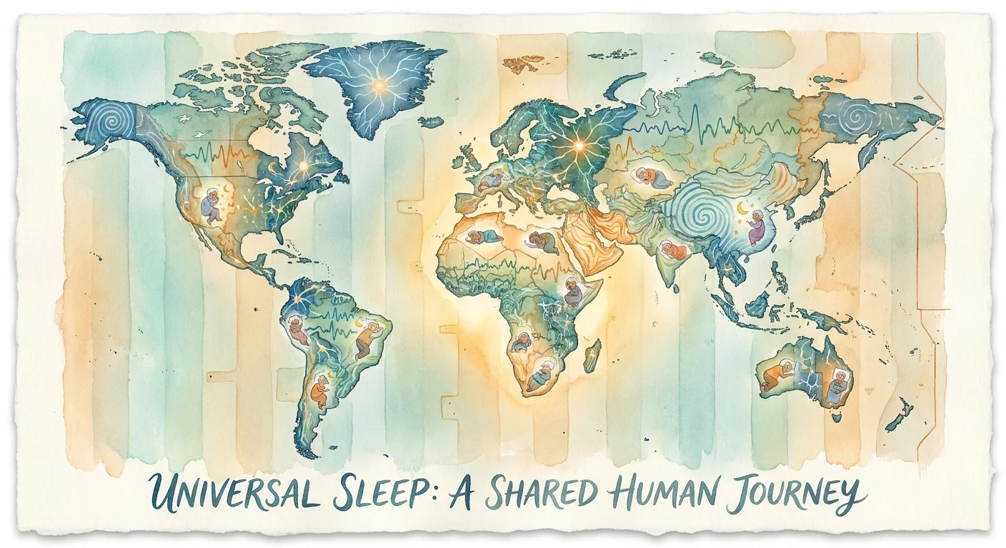 A watercolor map of the world where continents are made of sleep waves, symbolizing the global impact of sleep research.