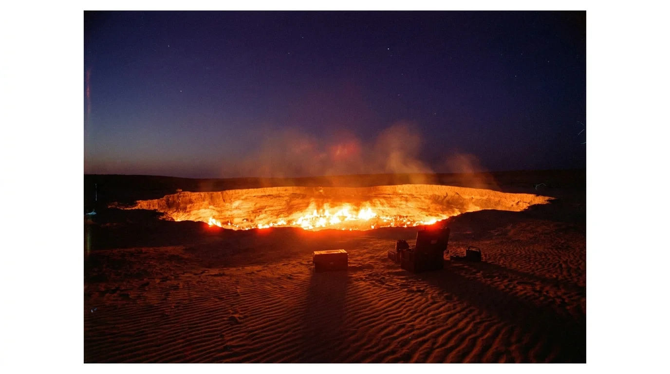A wide shot of a massive, glowing fire pit in the middle of a dark desert at night.
