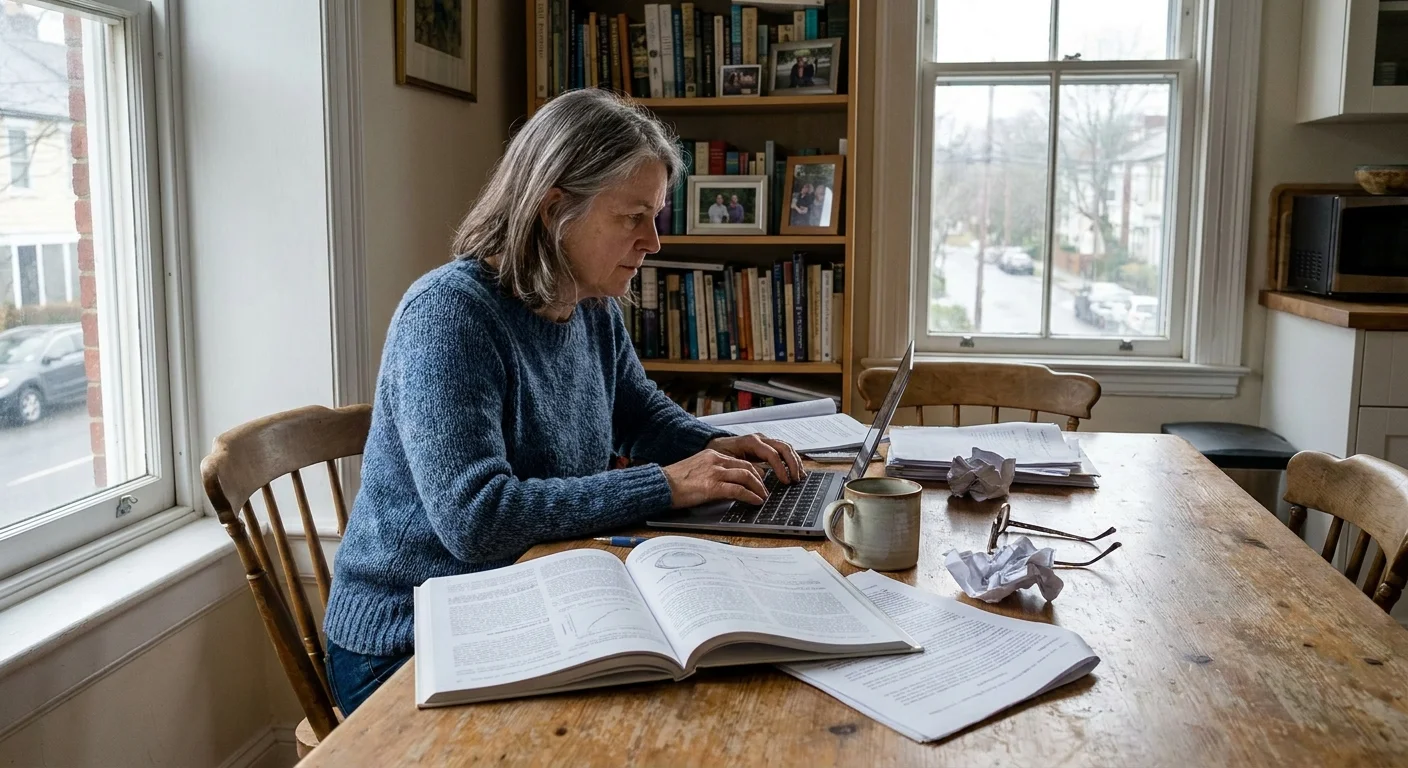 A woman in a sweater working at a cluttered kitchen table with a laptop and scientific journals.