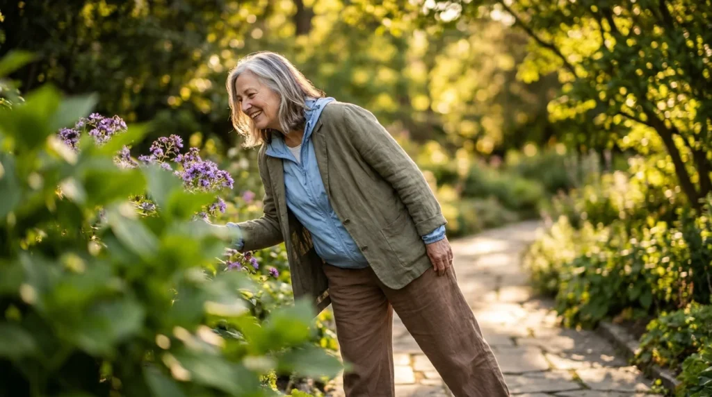 A woman in her late 60s walks through a sunny garden, looking vibrant and mentally engaged with her surroundings.