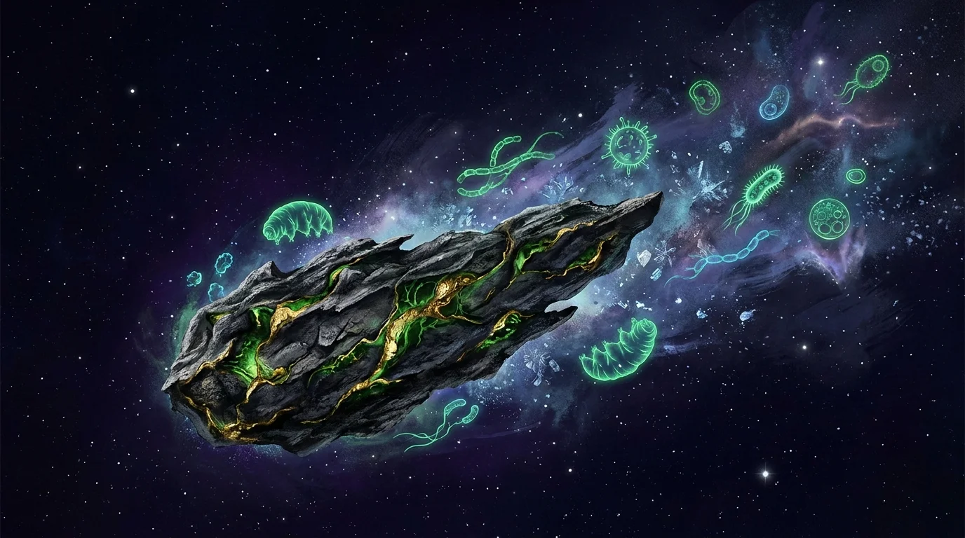 Abstract art of a meteorite with glowing green organic veins carrying microbial life through the dark of space.