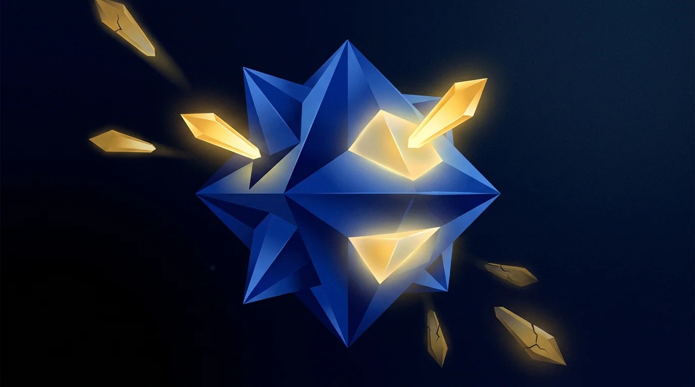 Abstract art of golden NAD+ shards fueling a sapphire-blue Sirtuin enzyme structure.