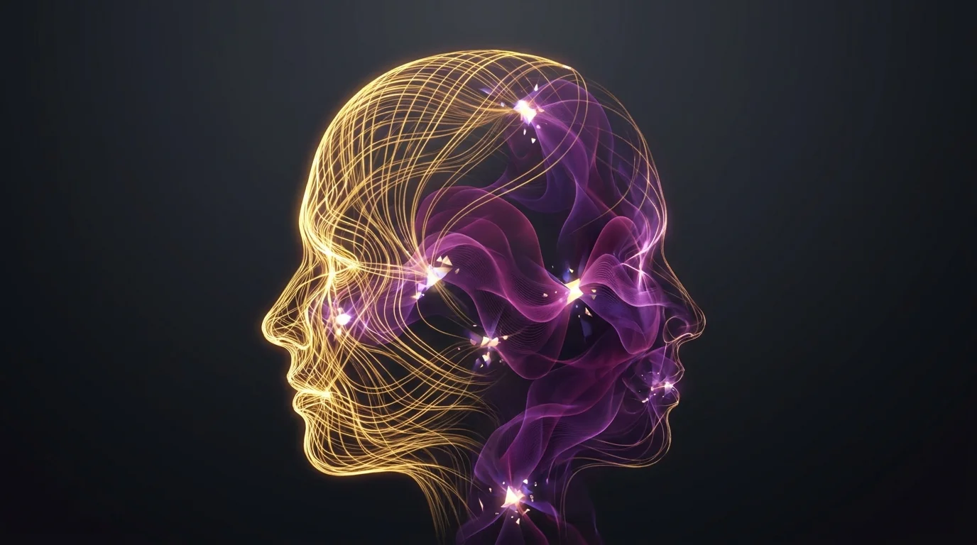 Abstract art showing a human head silhouette filled with glowing golden tubes and purple quantum waves.