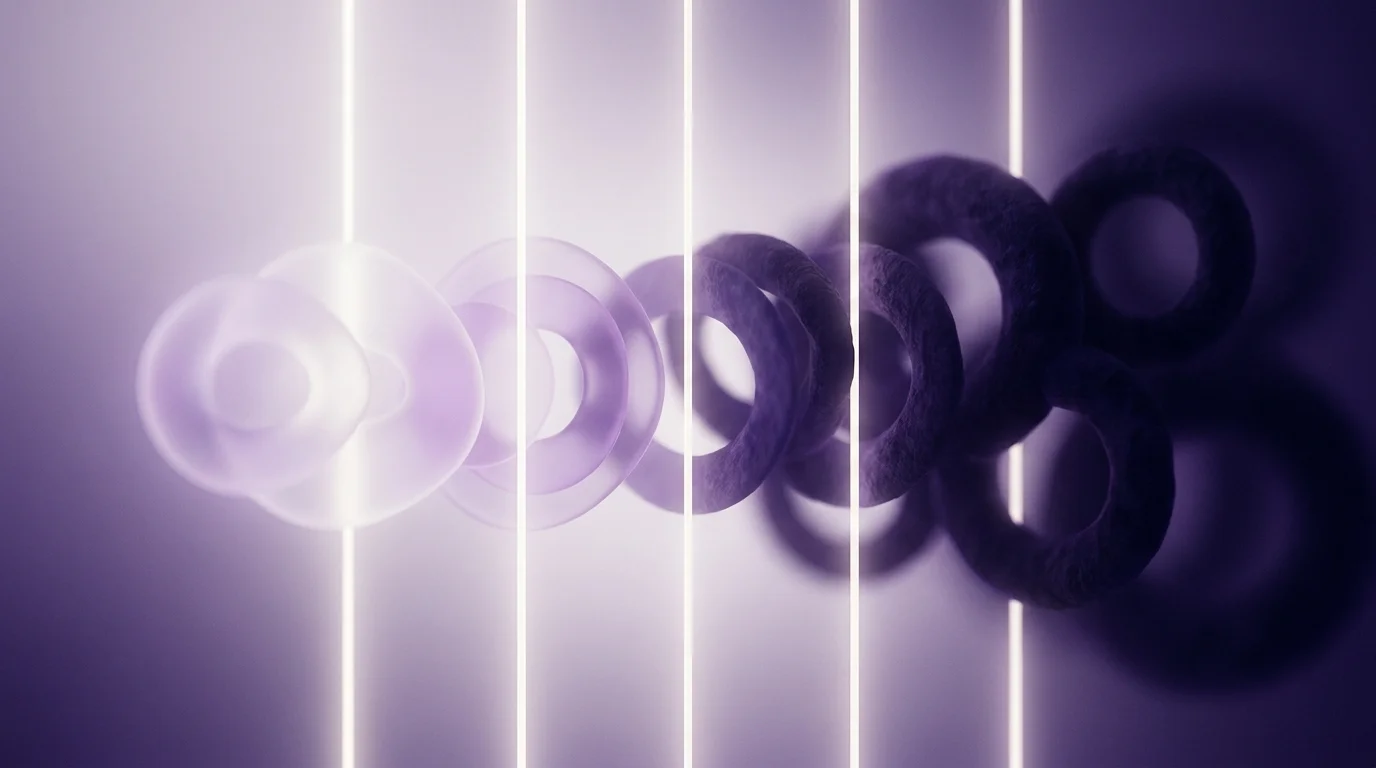 Abstract art showing dark circles passing through four glowing lines and turning into bright, young cells.