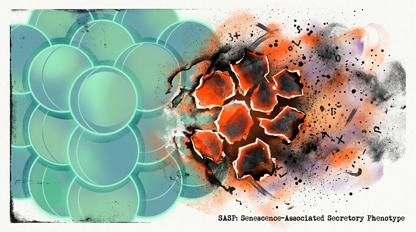 An abstract art piece showing glowing orange 'zombie' cells spreading inflammation into a group of healthy teal cells.