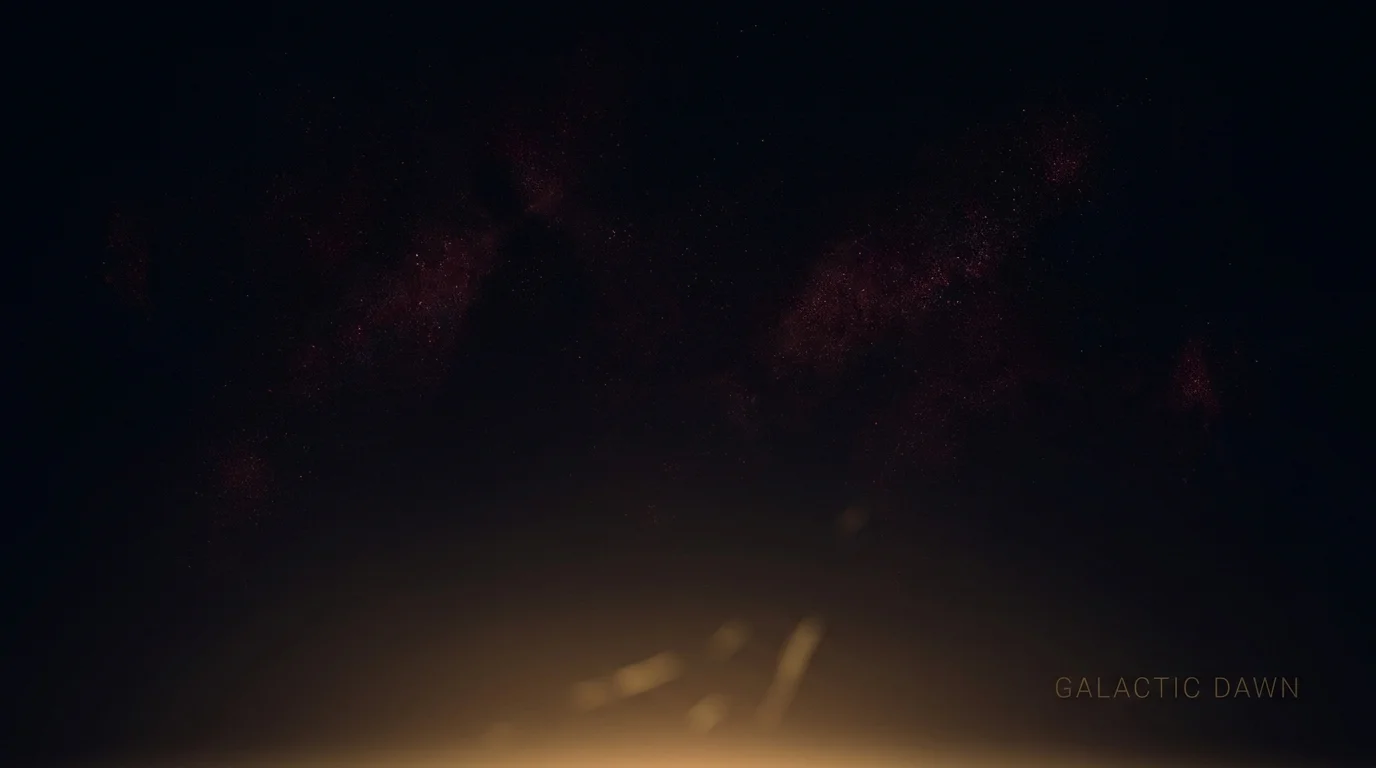 An abstract dark void with small, faint red smudges of light representing the earliest galaxies in the universe.