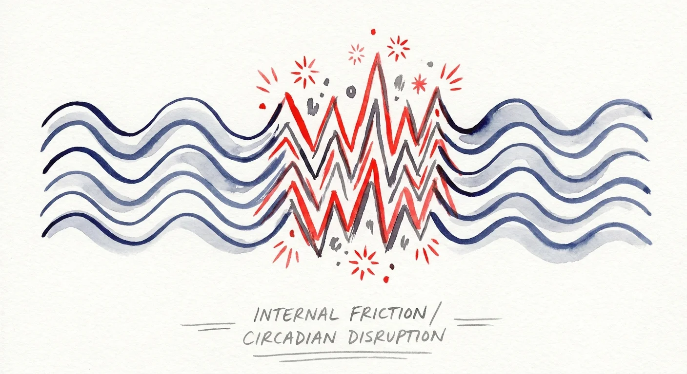 An abstract illustration of smooth blue waves turning into jagged red lines to represent sleep-induced inflammation.