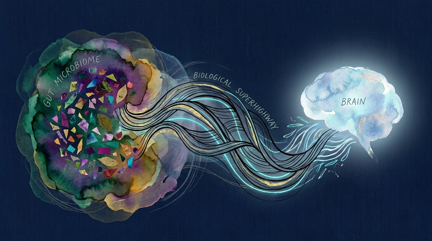 An abstract illustration showing a vibrant, colorful gut microbiome connected by flowing lines to a calm, glowing brain node.