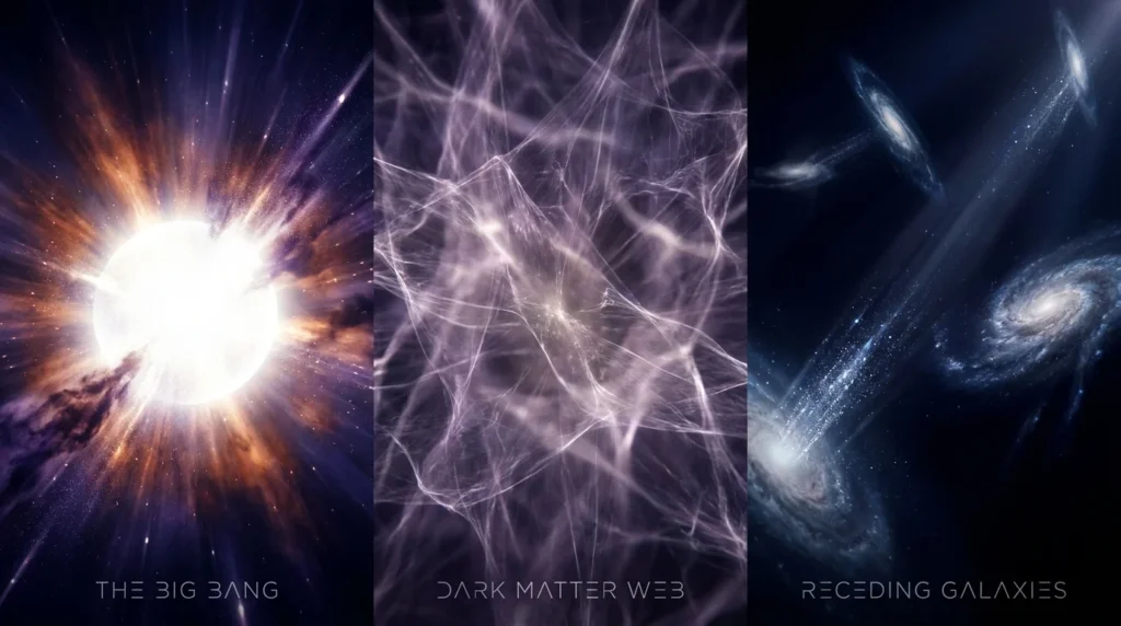 An abstract panoramic visualization of cosmic evolution from the Big Bang to the formation of galaxies and dark matter webs.