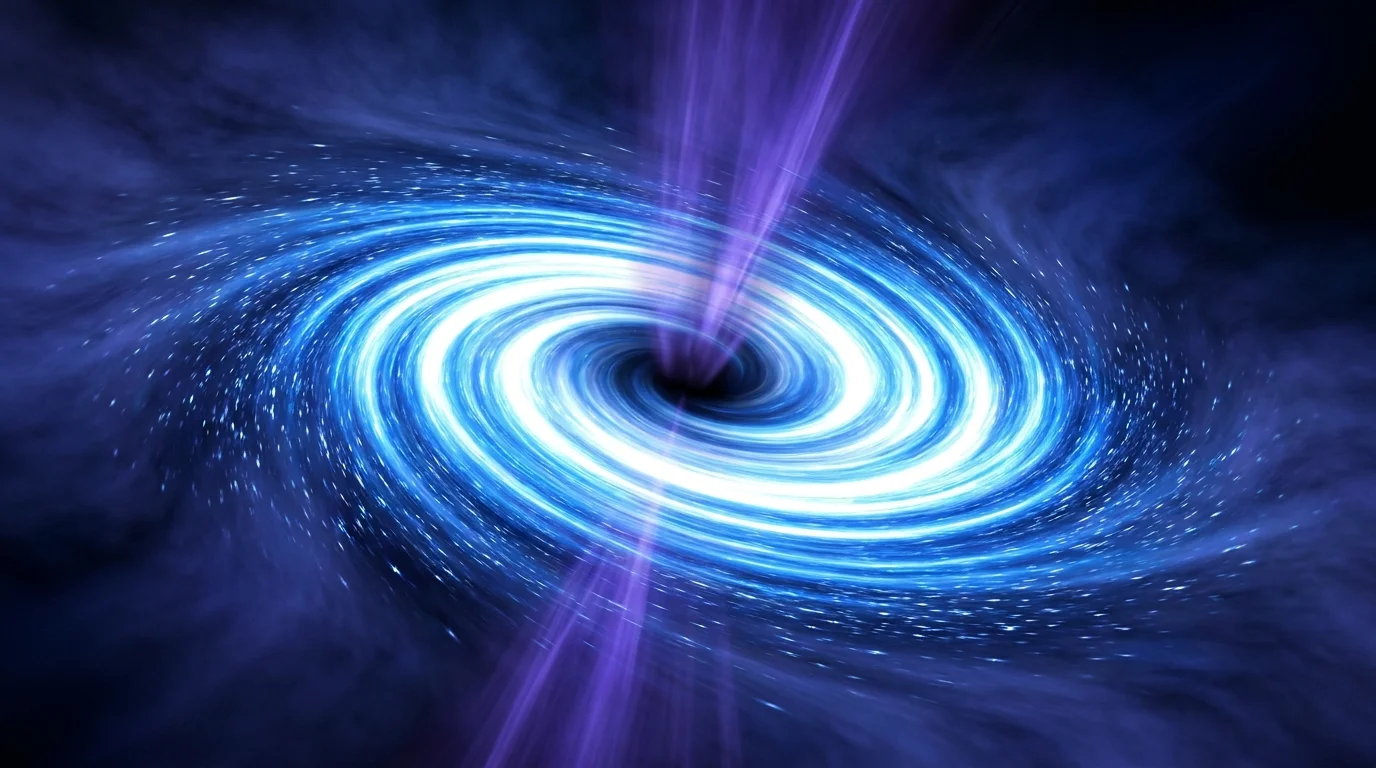 An abstract swirling vortex of blue and white light representing a massive black hole at the center of a galaxy.