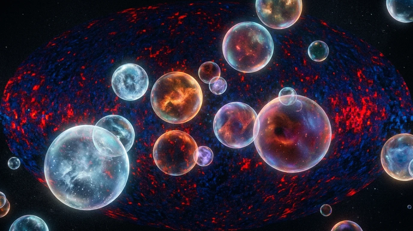 An abstract visualization of the multiverse as a vast collection of iridescent bubbles floating in a dark cosmic void.