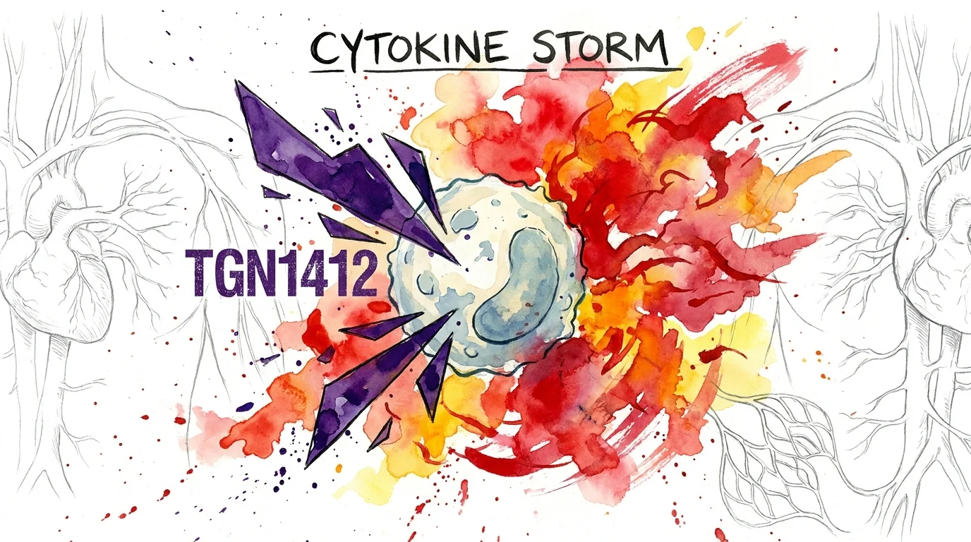 An abstract watercolor and ink illustration of a cell exploding into red and orange bursts, representing an immune storm.
