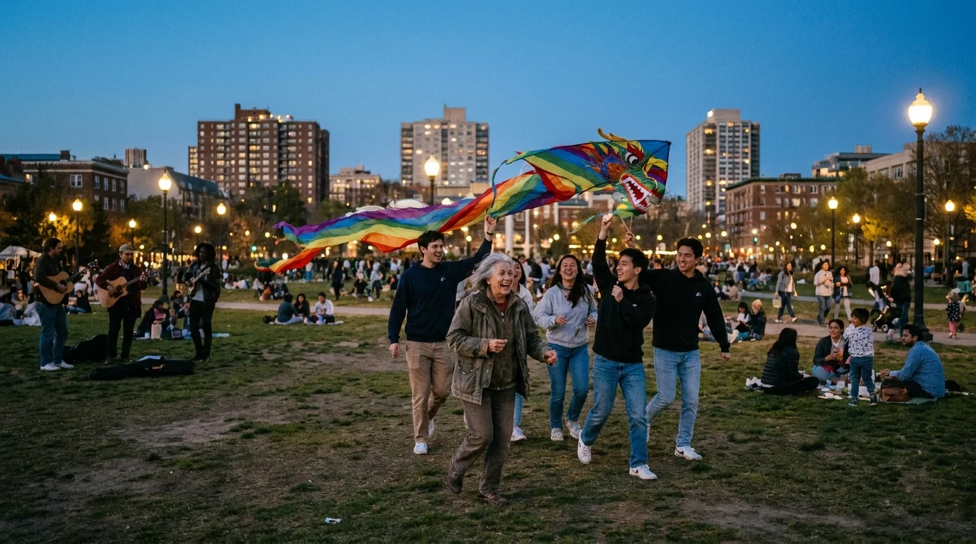 An active older woman teaching young people how to fly a kite in a public park at twilight.