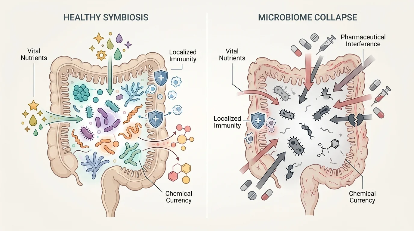 An anatomical diagram comparing a healthy gut microbiome with one suffering from 'Microbiome Collapse' due to drugs.