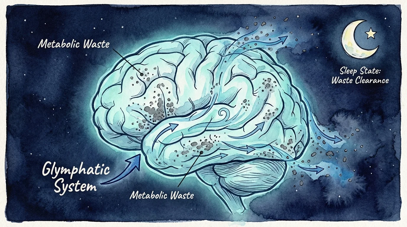 An anatomical-style diagram showing the glymphatic system clearing metabolic waste from the brain during sleep.