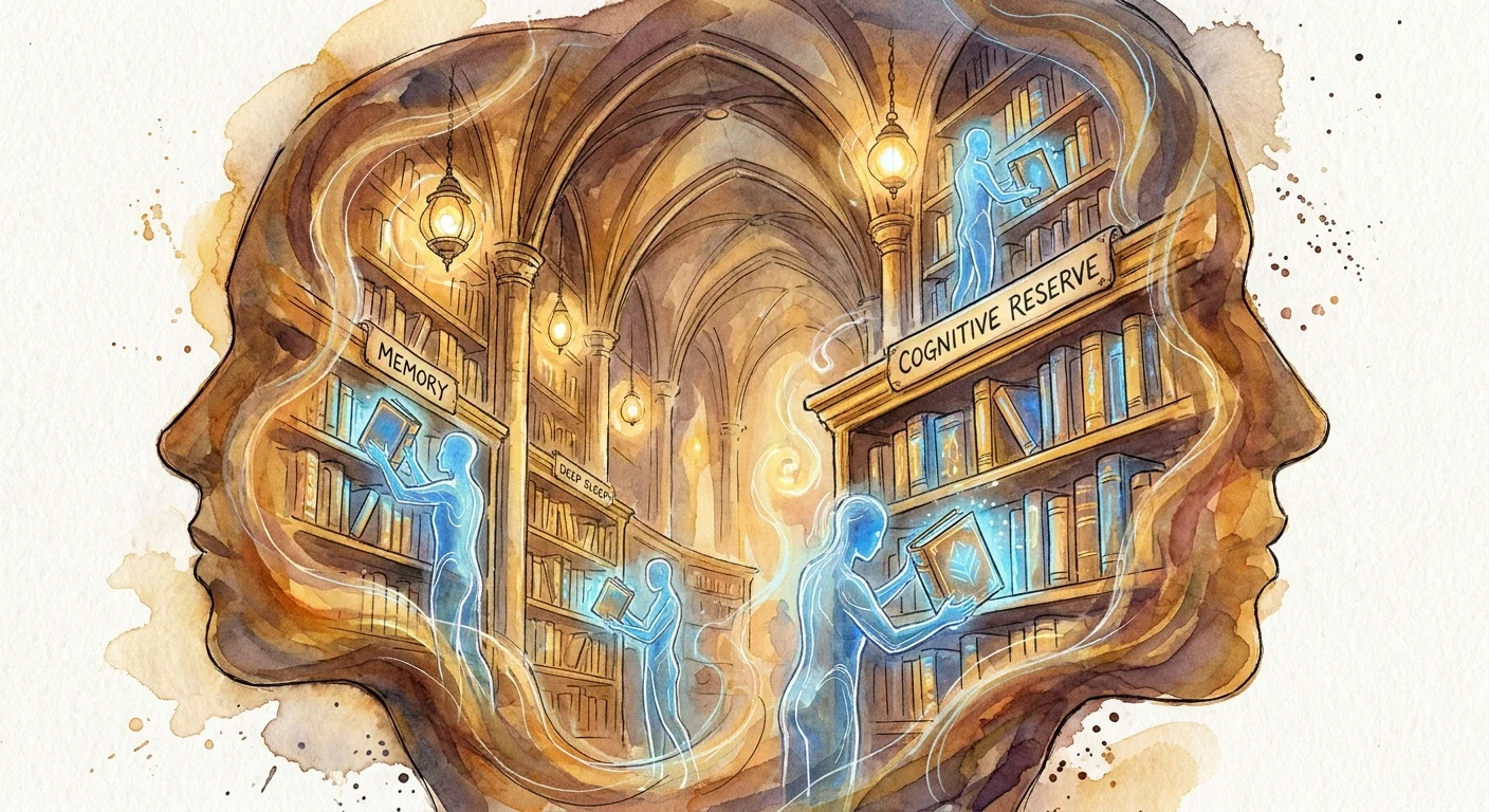 An illustration of a brain as a library where sleep-spirits are organizing and protecting memory books.