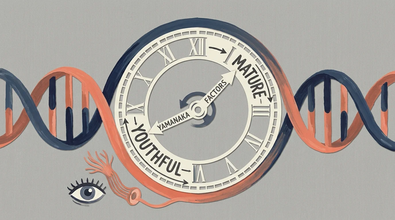 An illustration of a clock integrated into a DNA helix with hands moving backward, representing the reversal of cellular aging.