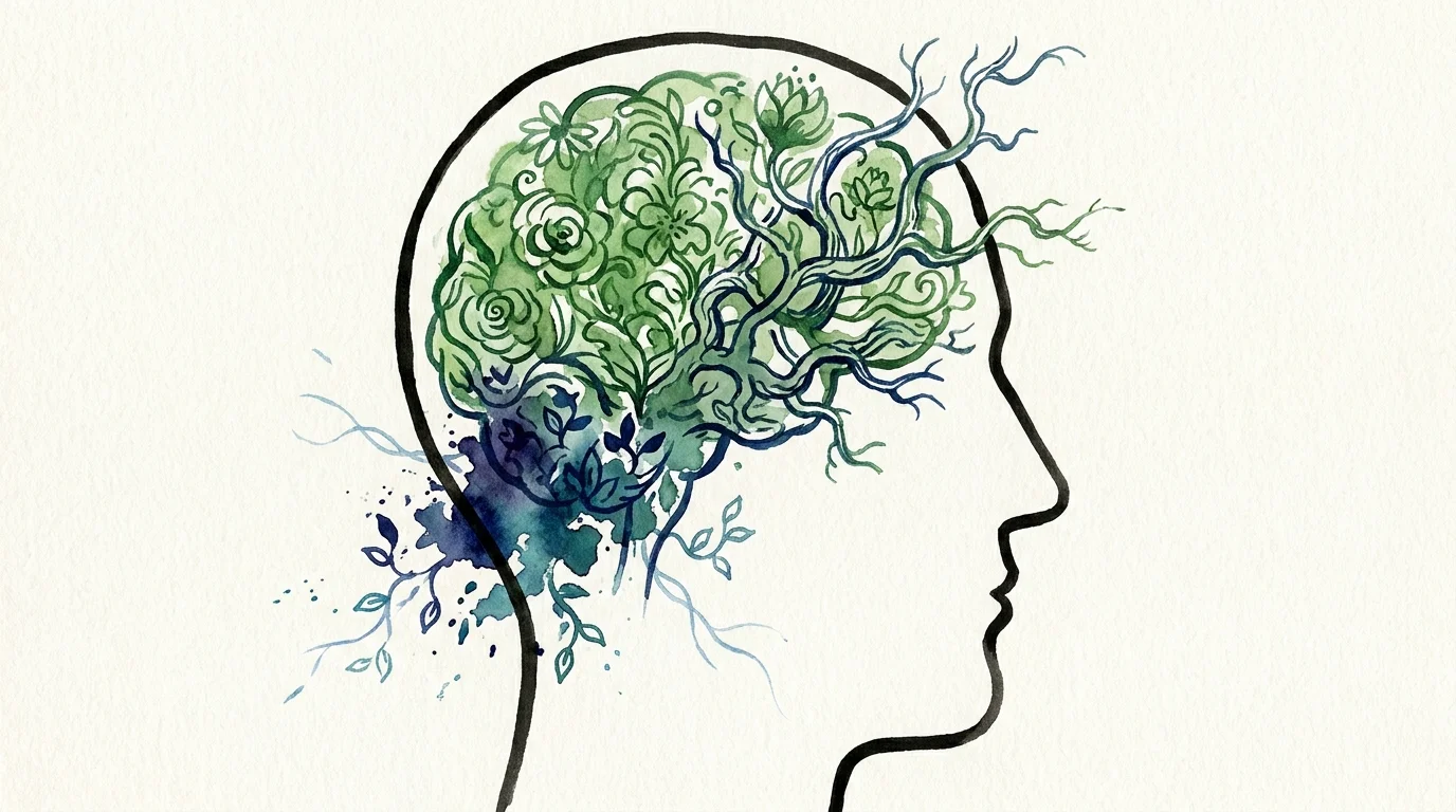 An illustration of a human head containing a growing garden, symbolizing the brain's ability to remodel itself through neuroplasticity.